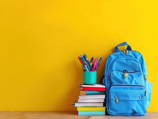 Wall Mural - Backpack with school stationery on wooden table against color background, space for text. AI generated illustration