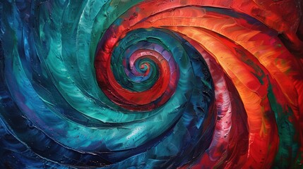 A vibrant red spiral intertwining with shades of blue and green.