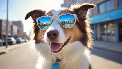 Selfie of a cheerful dog in sunglasses against the backdrop of a sunny street