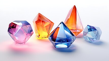 3D rendering of colorful gemstones on a white background.