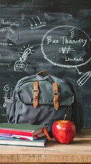 Wall Mural - Education and sciences concept - book and microscope on the desk in the auditorium, photosynthesis formulas on the background. AI generated illustration