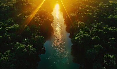 Wall Mural - Sunrise over a river in the jungle