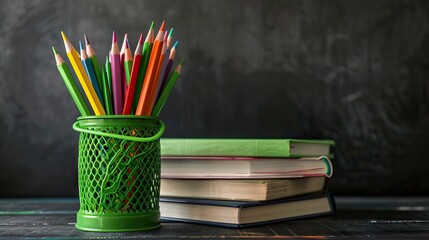 Wall Mural - Colorful school stationery on table on blackboard background. AI generated illustration