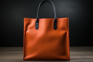 Orange leather bag with black handles on a dark background