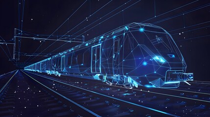 Poster - Abstract polygonal 3d wireframe of modern train at railway station or metro. Digital vector mesh looks like starry sky