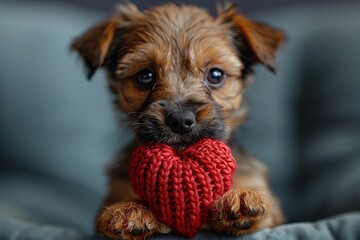 Wall Mural - A cute puppy with a paper heart in its paws on a grey background with a copy of the space