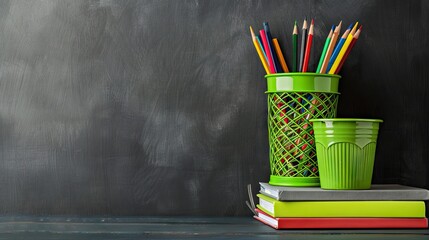 Wall Mural - Colorful school stationery on table on blackboard background. AI generated illustration