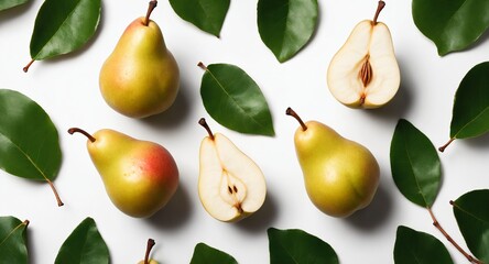 Wall Mural - Pear fruits with green leaves on white background. Top view