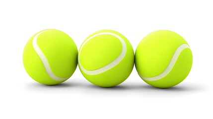 Three green tennis balls in a row on a white background. The balls are slightly angled towards the viewer.