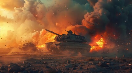 Wall Mural - dramatic battlefield scene with exploding tank intense war concept illustration