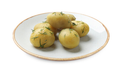 Wall Mural - Plate with young boiled potatoes and dill isolated on white