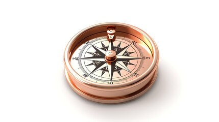 A closeup of a shiny copper compass on a white background. The compass is pointing north and has a detailed design.