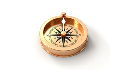 a golden compass on a white background. the compass is pointing north. the compass is made of metal 