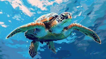 Wall Mural - endangered sea turtle swimming in ocean digital art illustration