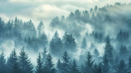 Wall Mural - ethereal foggy morning in misty mountain forest landscape photography
