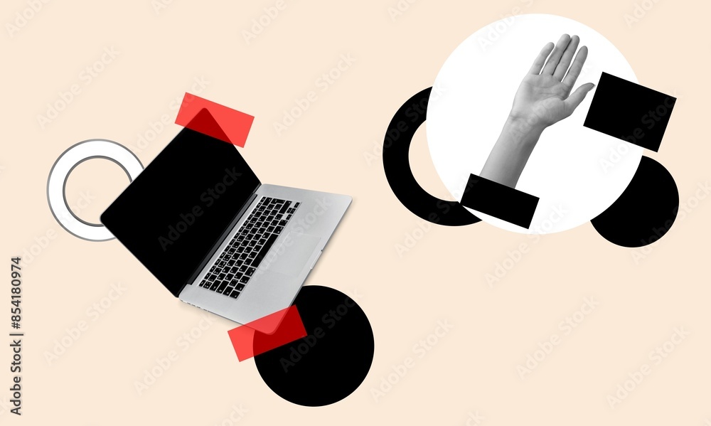 Collage sketch of human hand and laptop Stock Photo | Adobe Stock