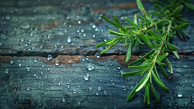 fresh rosemary sprig with water droplets on rustic wooden background digital painting