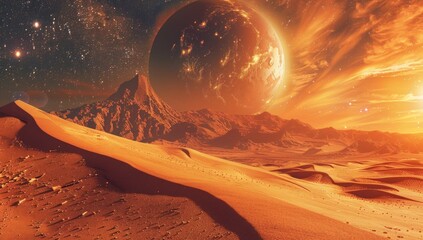 A desert landscape with a large orange planet in the sky. Generate AI image