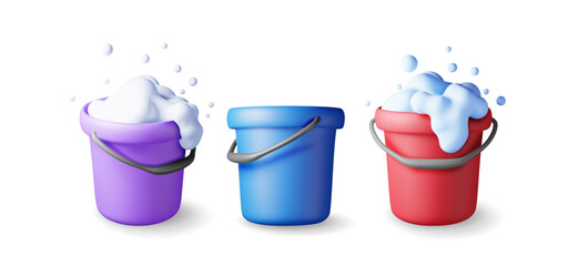 Leinwandbilder - 3d set of plastic bucket with soapy foam and empty isolated. Render bucket basin collection icon for cleaning and washing. House cleaning equipment household accessories. Realistic vector illustration