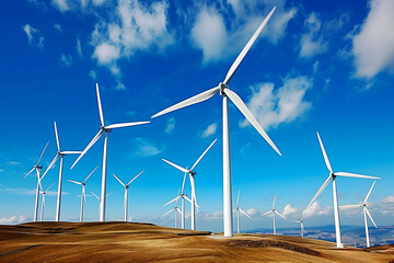 Wind turbines farm. Renewable sustainable energy technology concept. 