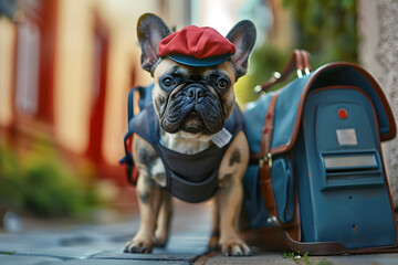 Sticker - French Bulldog dressed as a postal worker, carrying a mailbag in front of a mailbox