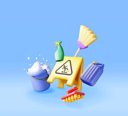 Leinwandbilder - 3D set of home cleaning tools. Render collection of accessories for washing dishes and house cleaning. Bottle of detergent, sponge, soap, wet floor sign. Bucket, mop broom spray. Vector illustration