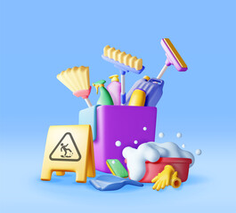 Leinwandbilder - 3D set of home cleaning tools isolated. Render collection of accessories for washing dishes and house cleaning. Bottle of detergent, sponge, soap gloves. Bucket, mop broom dustpan. Vector illustration