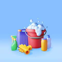 Leinwandbilder - 3D set of home cleaning tools isolated. Render collection of accessories for washing dishes and house cleaning. Bottle of detergent, soap, sponge gloves. Bucket with foam. Vector illustration