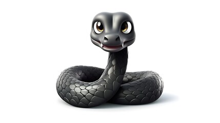 3D rendering of a cute and friendly cartoon snake with big eyes. The snake is black and has a happy expression on its face.