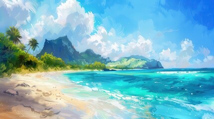 Wall Mural - idyllic tropical island with golden sand beach and turquoise waters summer paradise landscape digital painting