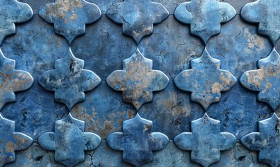 Wall Mural - Tiles laid to create a wall with a blue patina. Textured Arabic background formed from polished blocks.