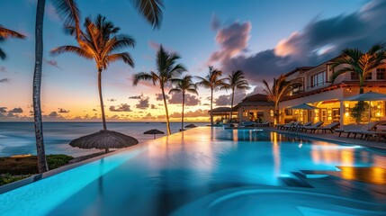 luxurious beachfront hotel with shimmering pool and swaying palms at sunset digital travel photography