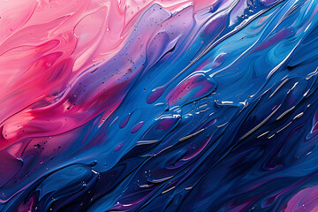 Wall Mural - A close-up view of an abstract painting featuring vibrant blue and pink colors, creating dynamic patterns and textures