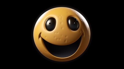 3D rendering of a yellow smiley face with a big smile on its face. The smiley face is looking at the viewer with its big, black eyes.