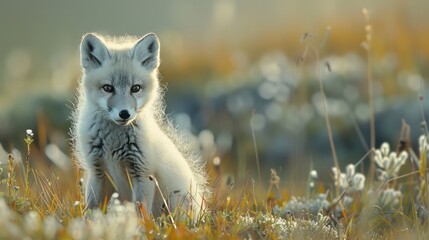 Sticker - Arctic Fox Kit on Grass in Polar Summer