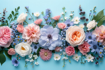 Creative layout made of various flowers. Flat lay delicate colors bouquet