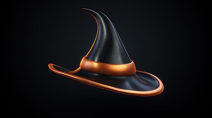 3D rendering of a black witch hat with a bronze buckle. The hat is isolated on a transparent background.