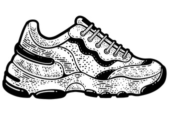 Wall Mural - sneaker sport trainers athletic shoe line art sketch engraving PNG illustration. T-shirt apparel print design. Scratch board imitation. Black and white hand drawn image.