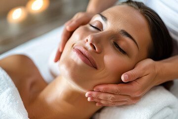 Wall Mural - Close-up of a beautiful young woman enjoying a facial massage in a spa