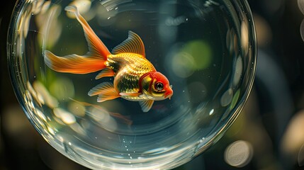 Photograph of a goldfish swimming in a bowl, its tail swishing back and forth.