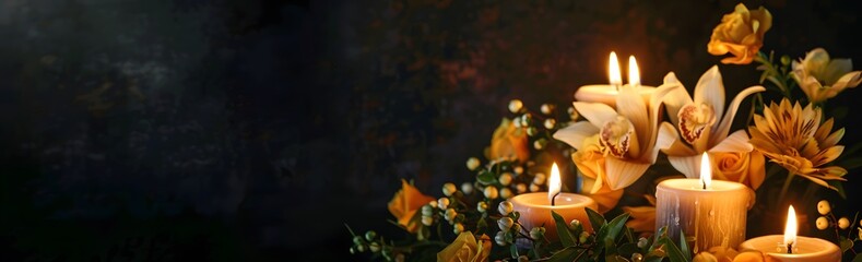 Wall Mural - Burning candles and flowers set against a black background, symbolizing a somber funeral concept with space for text