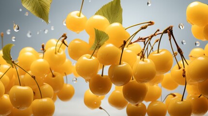 Wall Mural - yellow cherries flying, falling in the air. juicy garden berries froze in flight. levitation.