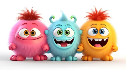 Wall Mural - Three cute and colorful monsters are standing together. They have big eyes, furry bodies, and bright smiles.