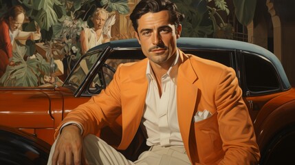 Art Deco portrait of a Spaniard man with a mustache in an unbuttoned shirt. portrait of a male person dressed in the style of 1920-1930.