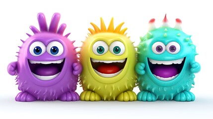 Wall Mural - Three cute and colorful monsters are standing in a row. They have big smiles on their faces and look very friendly.