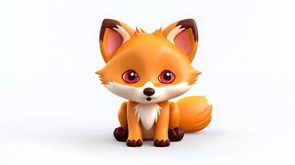 Cute cartoon fox sitting down, looking at the camera with a curious expression. The fox has orange fur, a white belly, and black eyes.