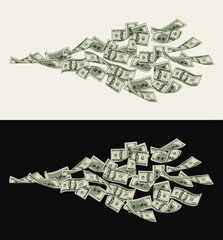 Wall Mural - Money dollar horizontal composition with flying out 100 dollar notes, banknotes, bills. Illustration, design element in vintage style.