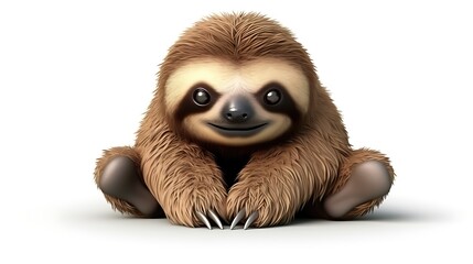 A cute and cuddly sloth sits on a white background. The sloth has big, brown eyes and a friendly smile.