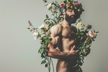 Wall Mural - muscular athletic caucasian bearded man with artistic floral composition, portrait, gray background