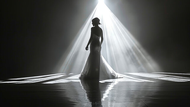 Bride in a dramatic, black wedding dress against a moody, atmospheric backdrop